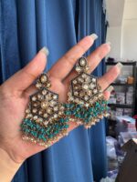 Urmila Jadau Kundan Crystal Statement Earrings – Teal Blue - Image 2