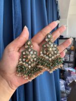 Urmila Jadau Kundan Crystal Statement Earrings – Dark Green - Image 2