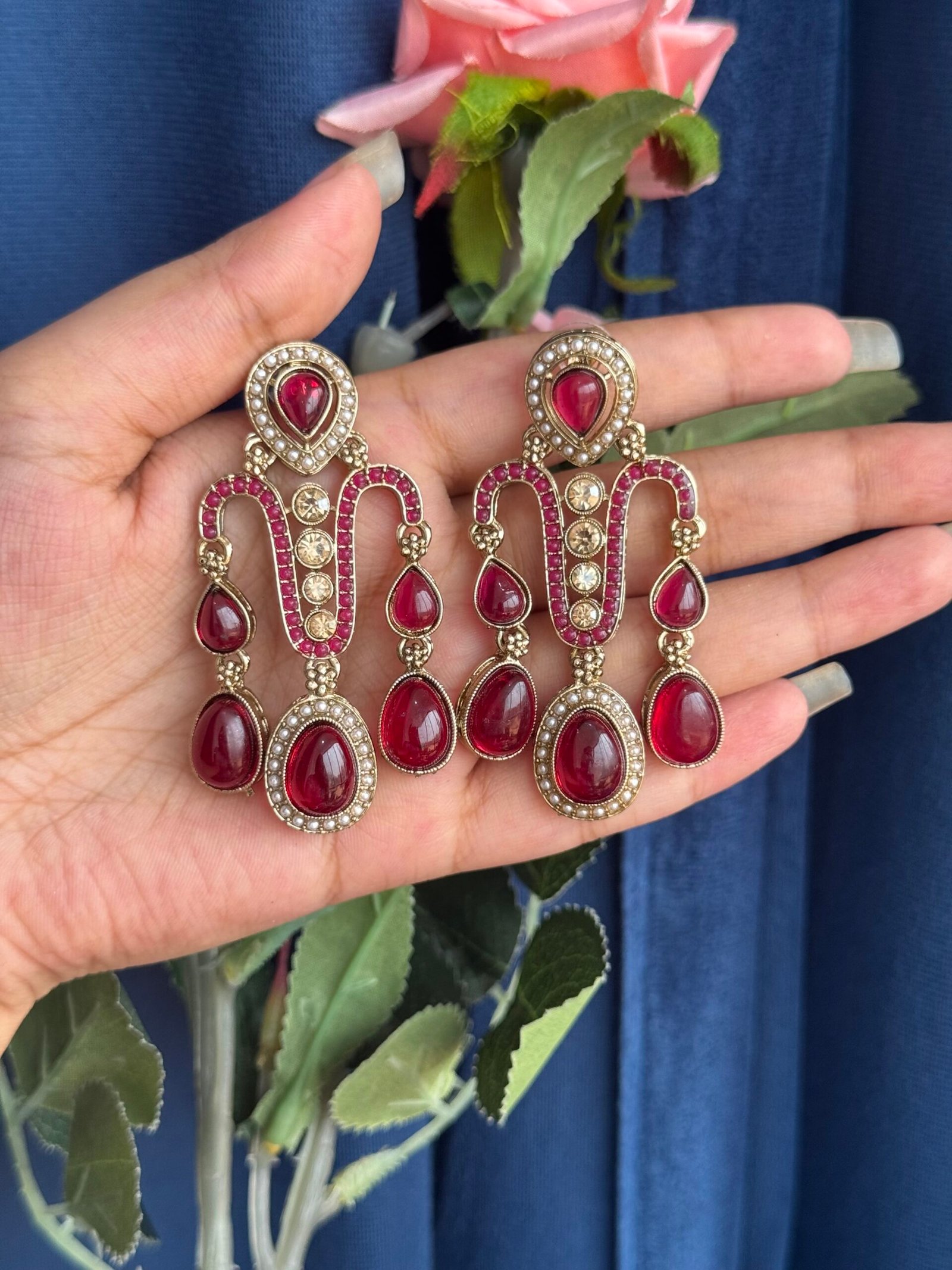 Photo-29-03-25-2-07-03-PM-scaled-1.jpg Jeevika Stone Earrings – Dark Pink - Image 1