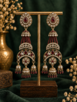 Nayab Long Kundan Jhumka Earrings – Red - Image 2