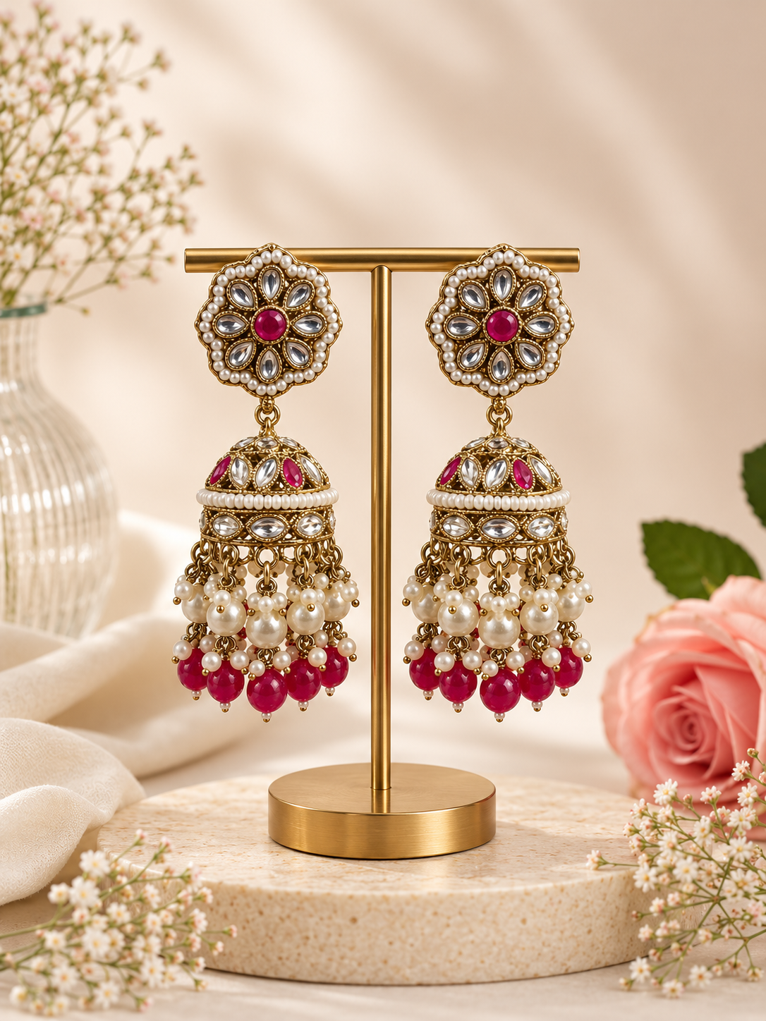 a1ced337-c856-4429-9076-0d8623288e6f.png Kira Kundan Jhumka – Dark Pink - Image 1