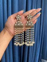 Noorani Long Kundan Pearl Earrings – White & Gold Bridal Chandelier Earrings - Image 2