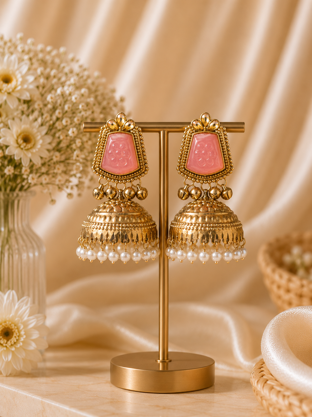 d4409703-0709-4e22-b622-84b45b94aa21.png Anvika Golden Kashmiri Jhumka Earrings – Light Pink - Image 1