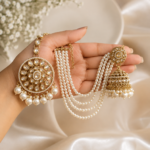 Zarina Bridal Kundan Pearl Earrings with Kaan Chain & Maang Tikka