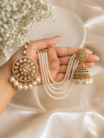 Zarina Bridal Kundan Pearl Earrings with Kaan Chain & Maang Tikka