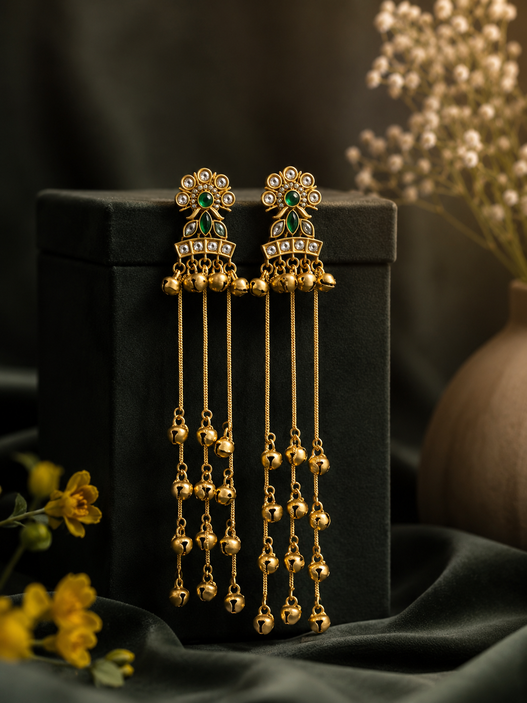e71f8aab-9b6c-4b64-a8c5-396d02460da6.png Dhara Kashmiri Long Ghungroo Earrings – Dark Green - Image 1