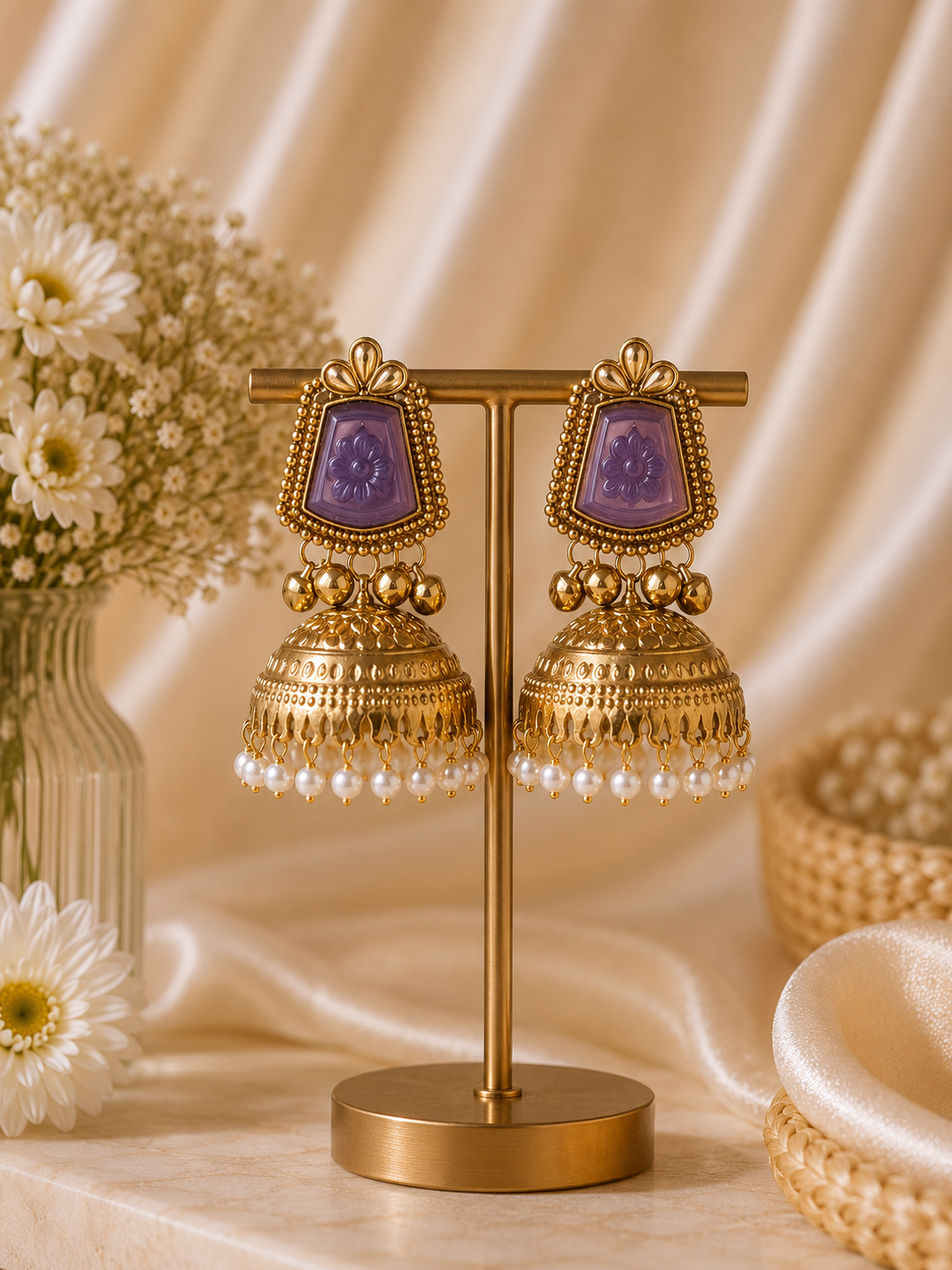 f5f93d17-3e3a-4e0e-9814-8a63c866b0c4.png Anvika Kashmiri Golden Jhumka Earrings – Lavender - Image 1