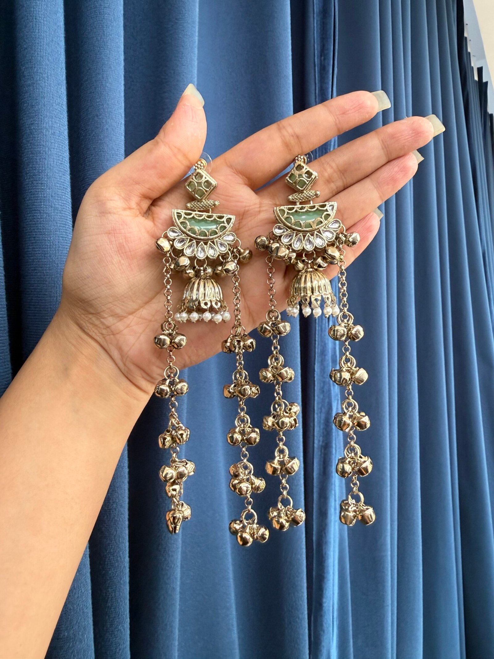 img_0350-scaled-1.jpeg Sanyukta Kashmiri Long Earrings – Mint Green - Image 1