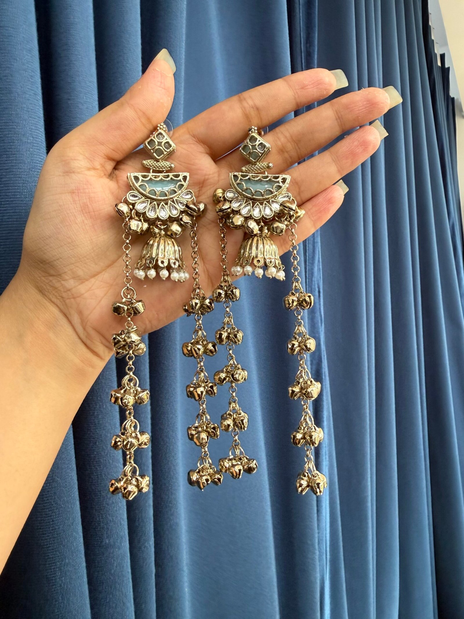 img_0351-scaled-1.jpeg Sanyukta Kashmiri Long Earrings – Teal Green - Image 1