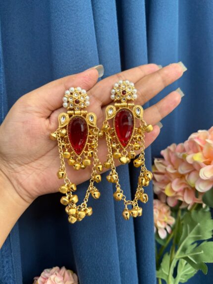 Kashmiri Stone Ghungru Earrings – Red