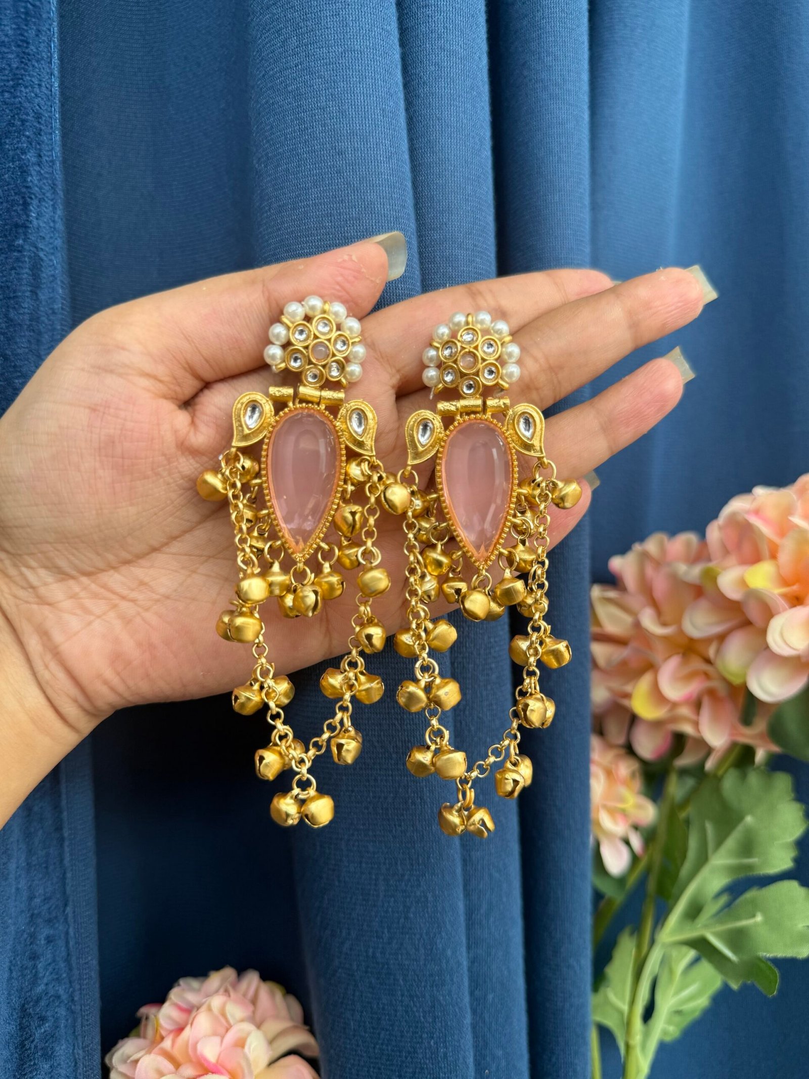 img_0372-scaled-1.jpeg Kashmiri Stone Ghungru Earrings – Light Pink - Image 1