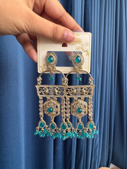 Nishika Kundan Earrings – Teal Green