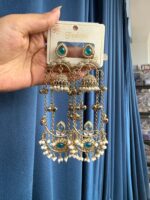 Jassi Kashmiri Long Ghungroo Earrings with Pearl Drops – Teal Green - Image 2