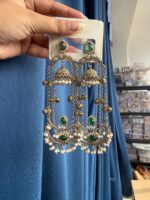 Jassi Kashmiri Long Ghungroo Earrings with Pearl Drops – Dark Green - Image 2