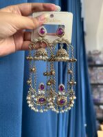 Jassi Kashmiri Long Ghungroo Earrings with Pearl Drops – Purple - Image 2