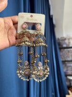 Jassi Kashmiri Long Ghungroo Earrings with Pearl Drops – Light Pink - Image 2
