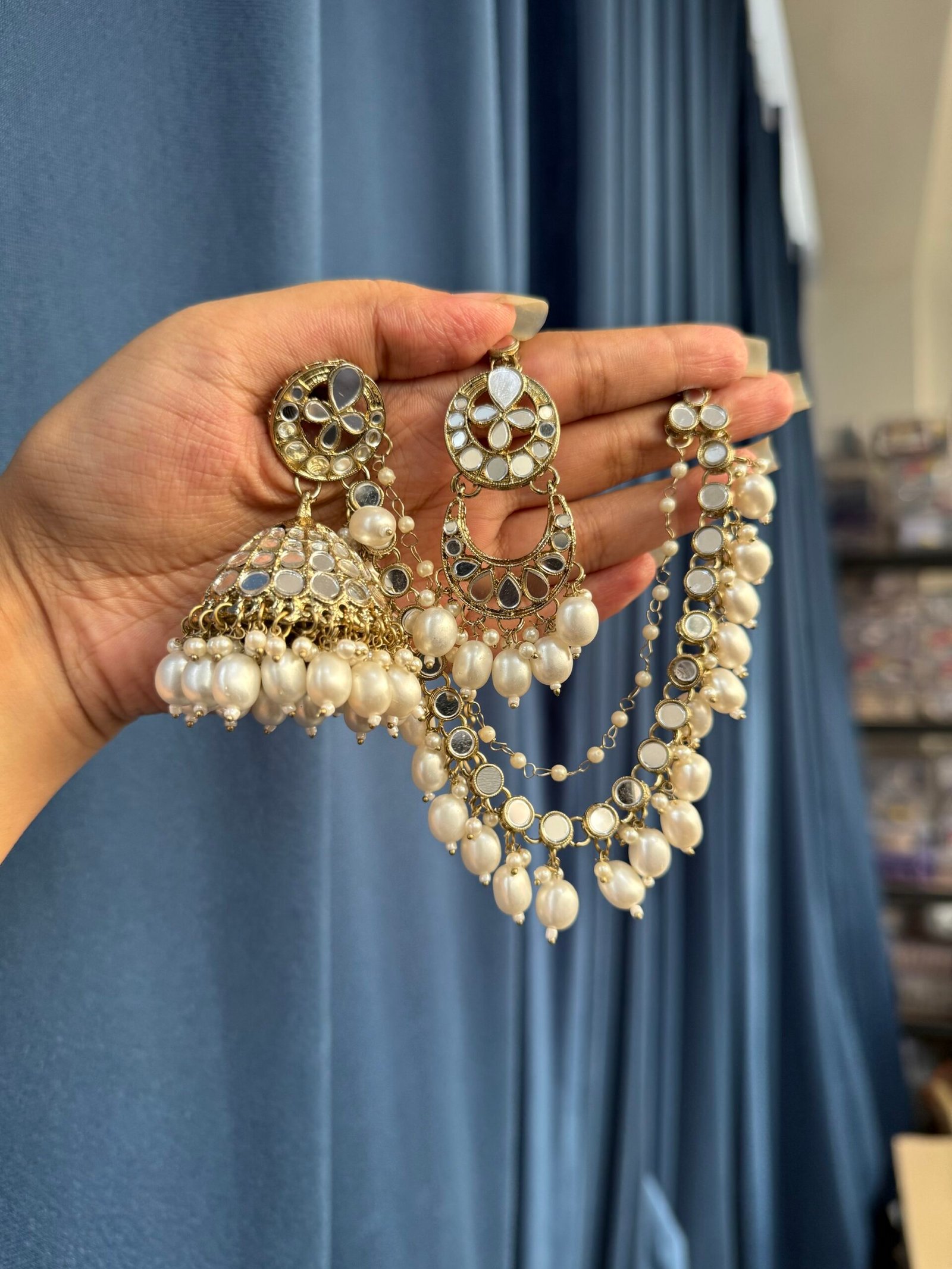 img_1101-scaled-1.jpeg Sharanya Premium Mirror Earrings with Kaan Chain – White - Image 1