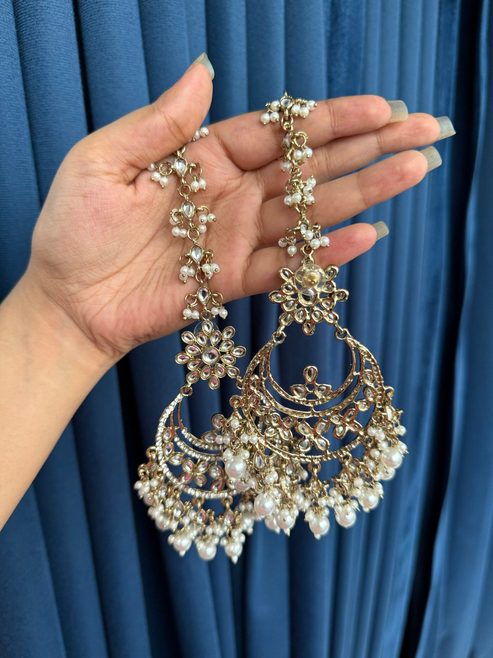 img_1366-scaled-1.jpeg Meher Kundan Earrings With Kaan Chain – White - Image 1