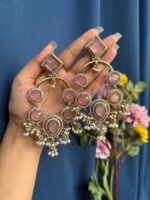 Esha Long Kundan Earrings – Light Pink - Image 2