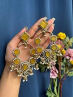 Esha Long Kundan Earrings – Yellow - Image 2
