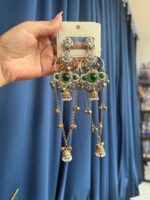 Jasmine Kashmiri Long Ghungroo Earrings – Dark Green - Image 2