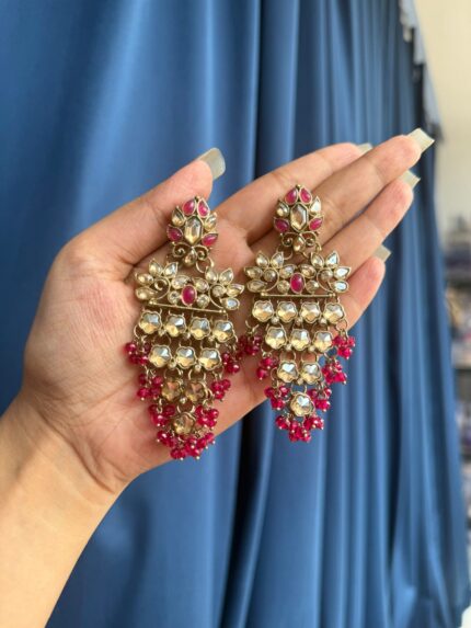 Akhila Golden Stone Kundan Earrings – Dark Pink
