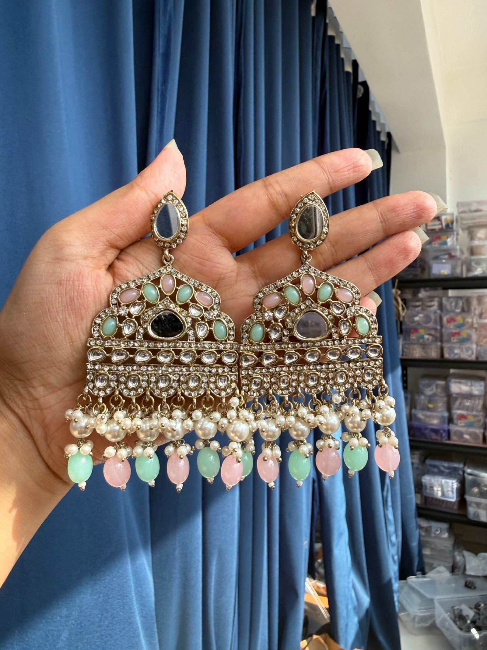 img_1954-scaled-1.jpeg Sarah Kundan Earrings – Mint Pink - Image 1