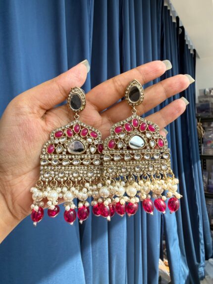 Sarah Kundan Earrings – Dark Pink