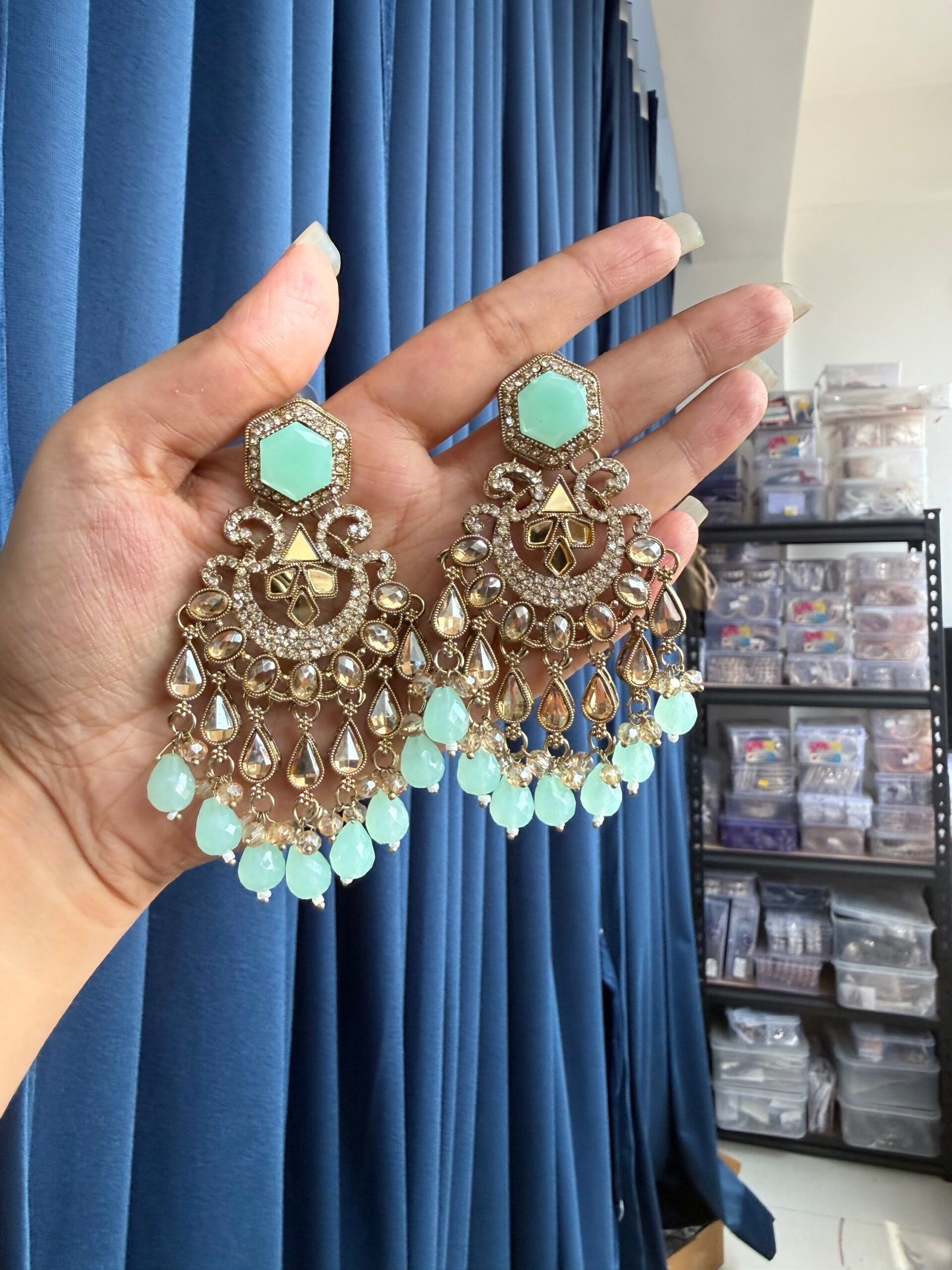 img_2237-scaled-1.jpeg Sonal Premium Chandbali Earrings – Mint Green - Image 1