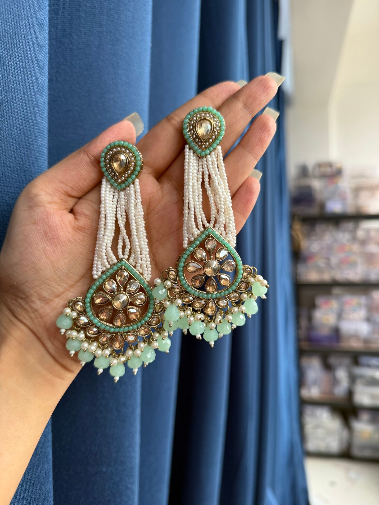 img_2469-scaled-1.jpeg Vrinda Kundan Pearl Earrings – Light Green - Image 1