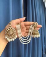 Zarina Bridal Kundan Pearl Earrings with Kaan Chain & Maang Tikka - Image 2