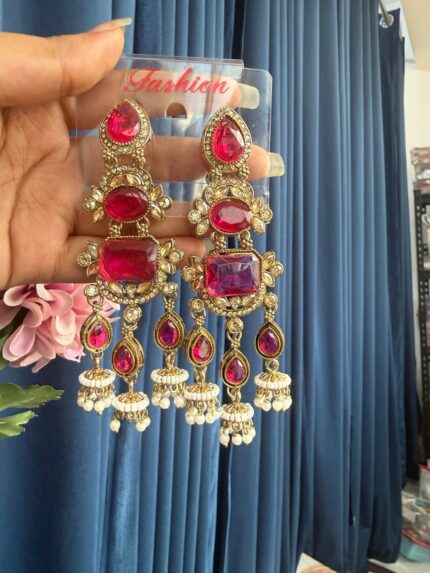 Ritika Long Stone Kundan Earrings – Dark Pink