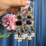 Ritika Long Stone Kundan Earrings – Black