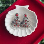 Dual Peacock Stone Pearl Earrings – Red