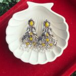 Dual Peacock Stone Pearl Earrings – Yellow