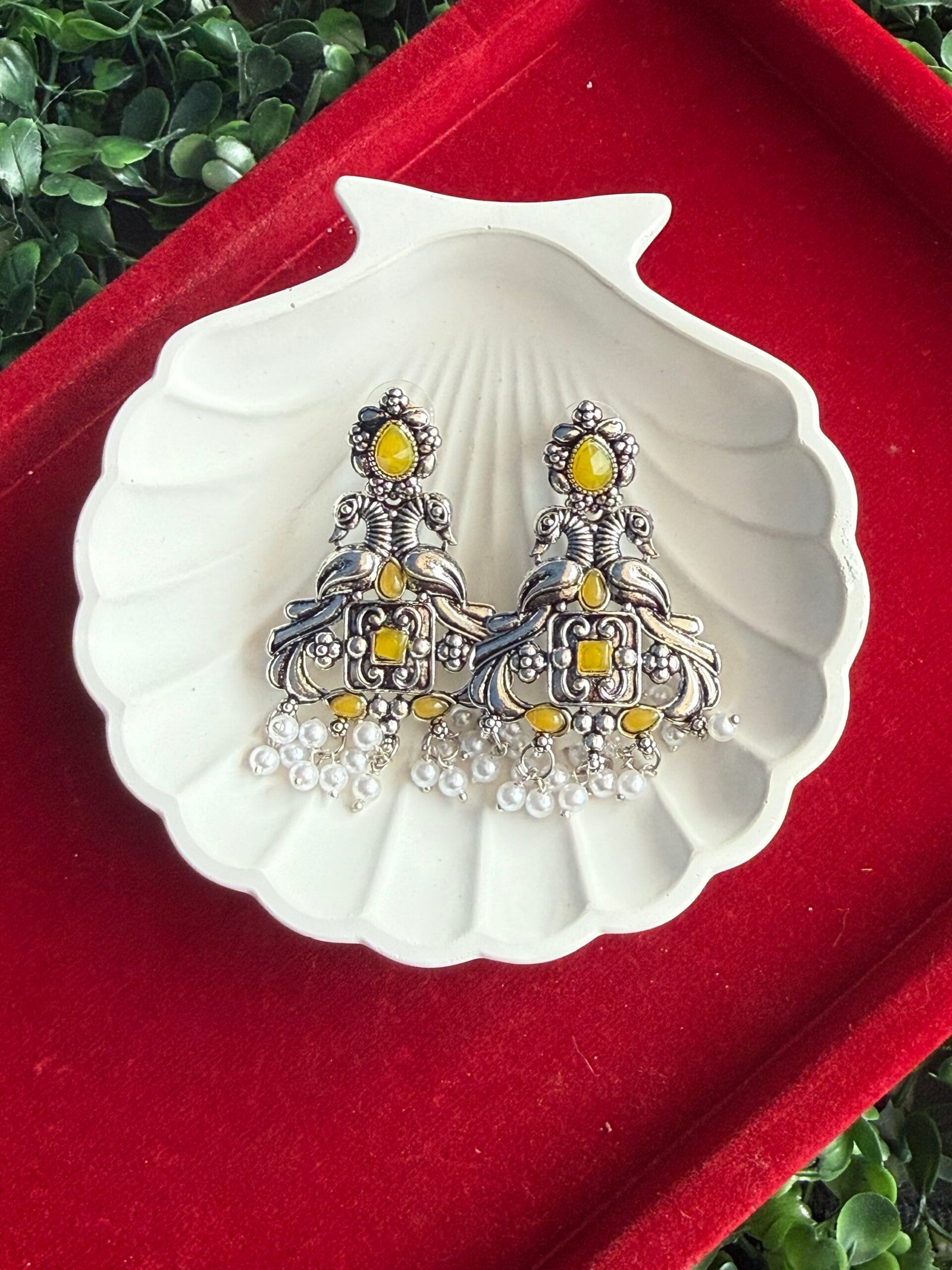 img_4783-scaled-1.jpeg Dual Peacock Stone Pearl Earrings – Yellow - Image 1