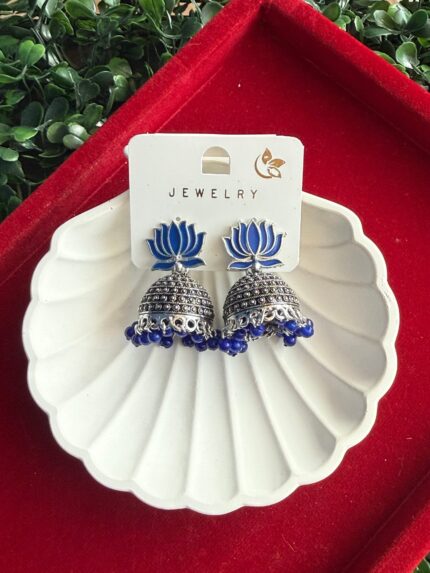 Lotus Oxidised Jhumka – Dark Blue