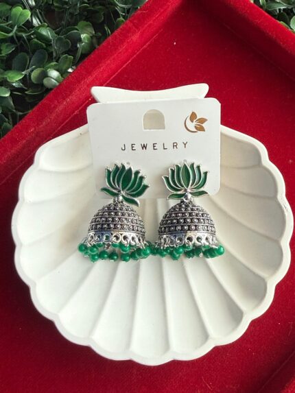 Lotus Oxidised Jhumka – Dark Green