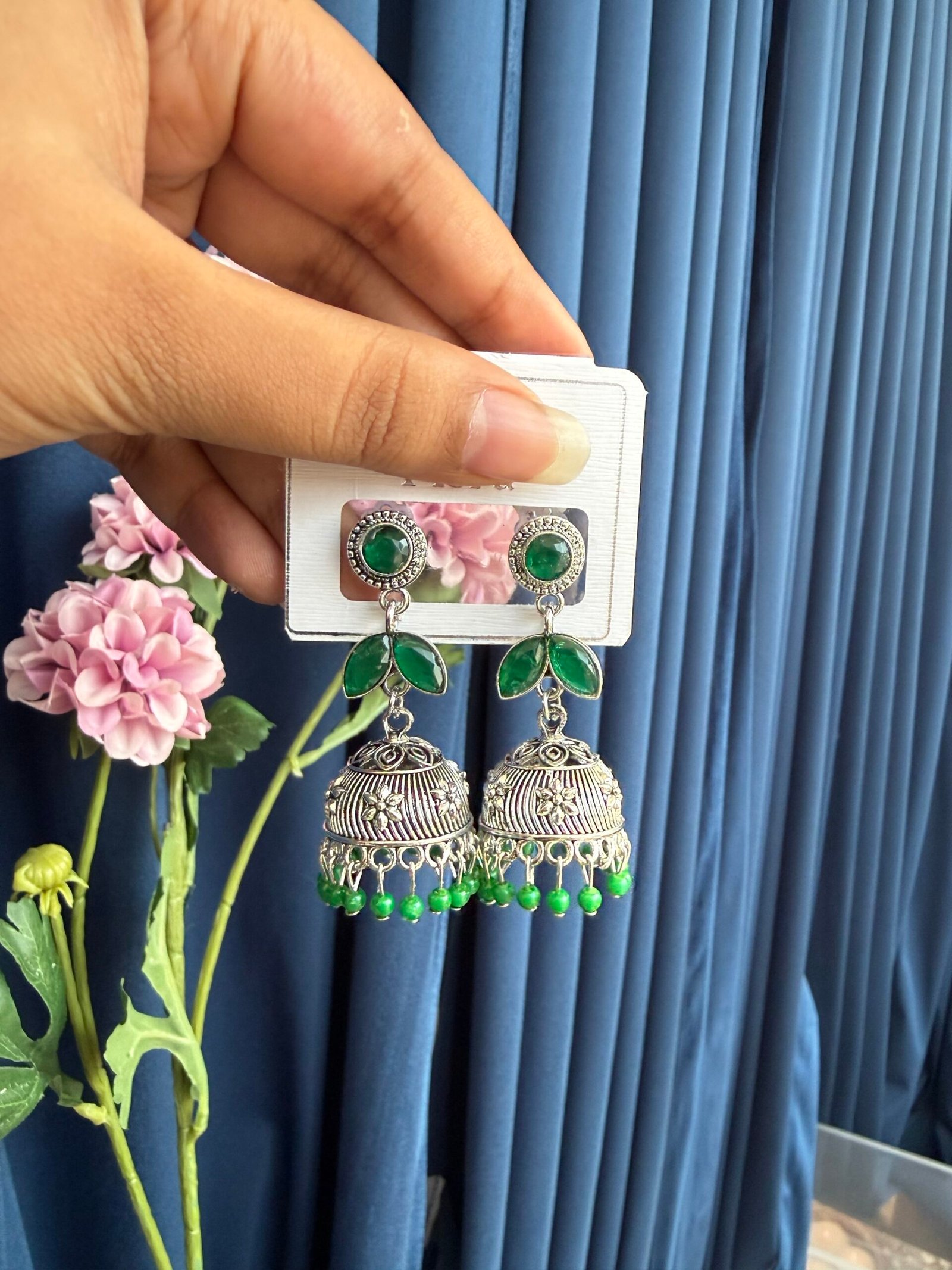 img_6663-scaled-1.jpeg Malini Oxidised Jhumka – Dark Green - Image 1