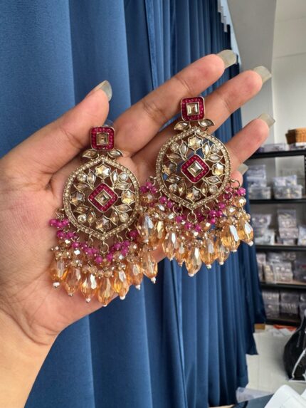 Jasmine Kundan Chandbali Earrings – Dark Pink