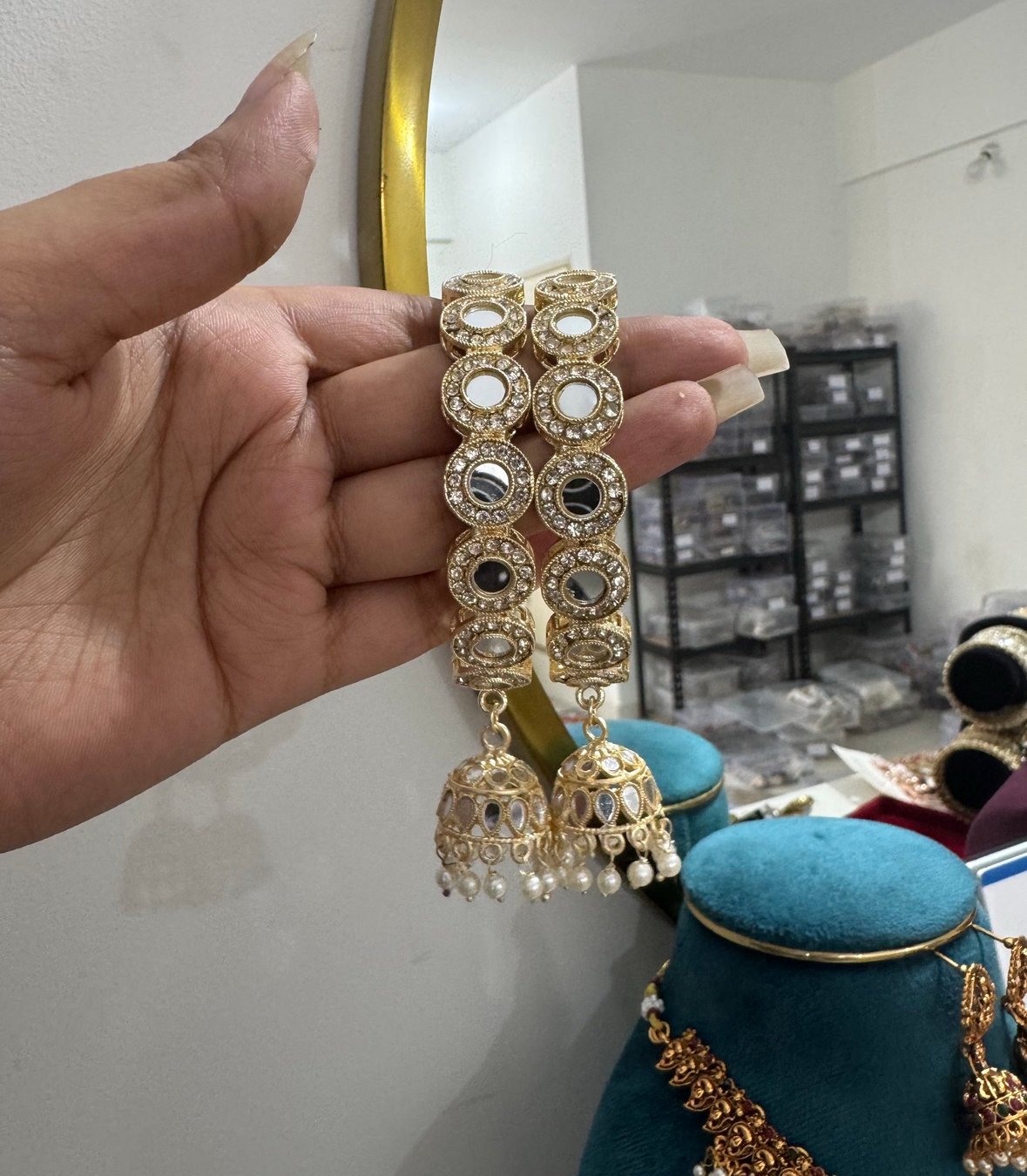img_7594.jpeg Mirror Kada With Latkan Jhumka – Set of 2 - Image 1