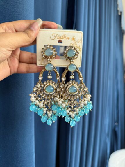Shruti Premium Kundan Earrings – Light Blue