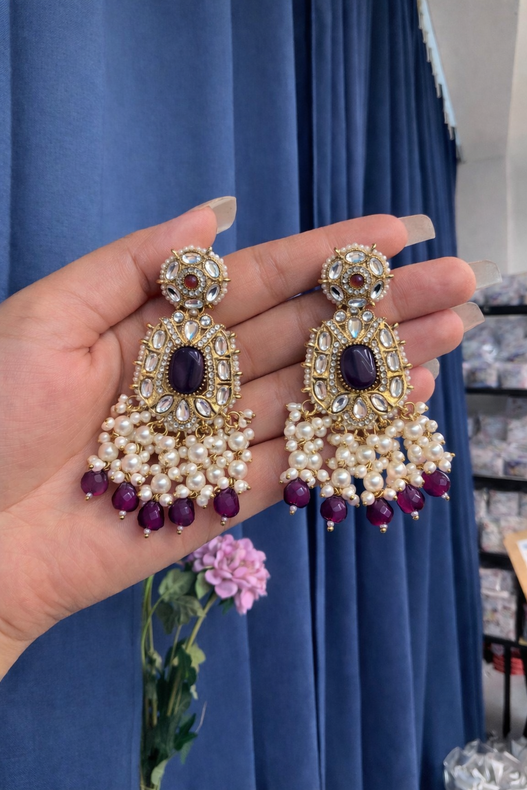 img_8296.png Simran Kundan Earrings – Purple - Image 1