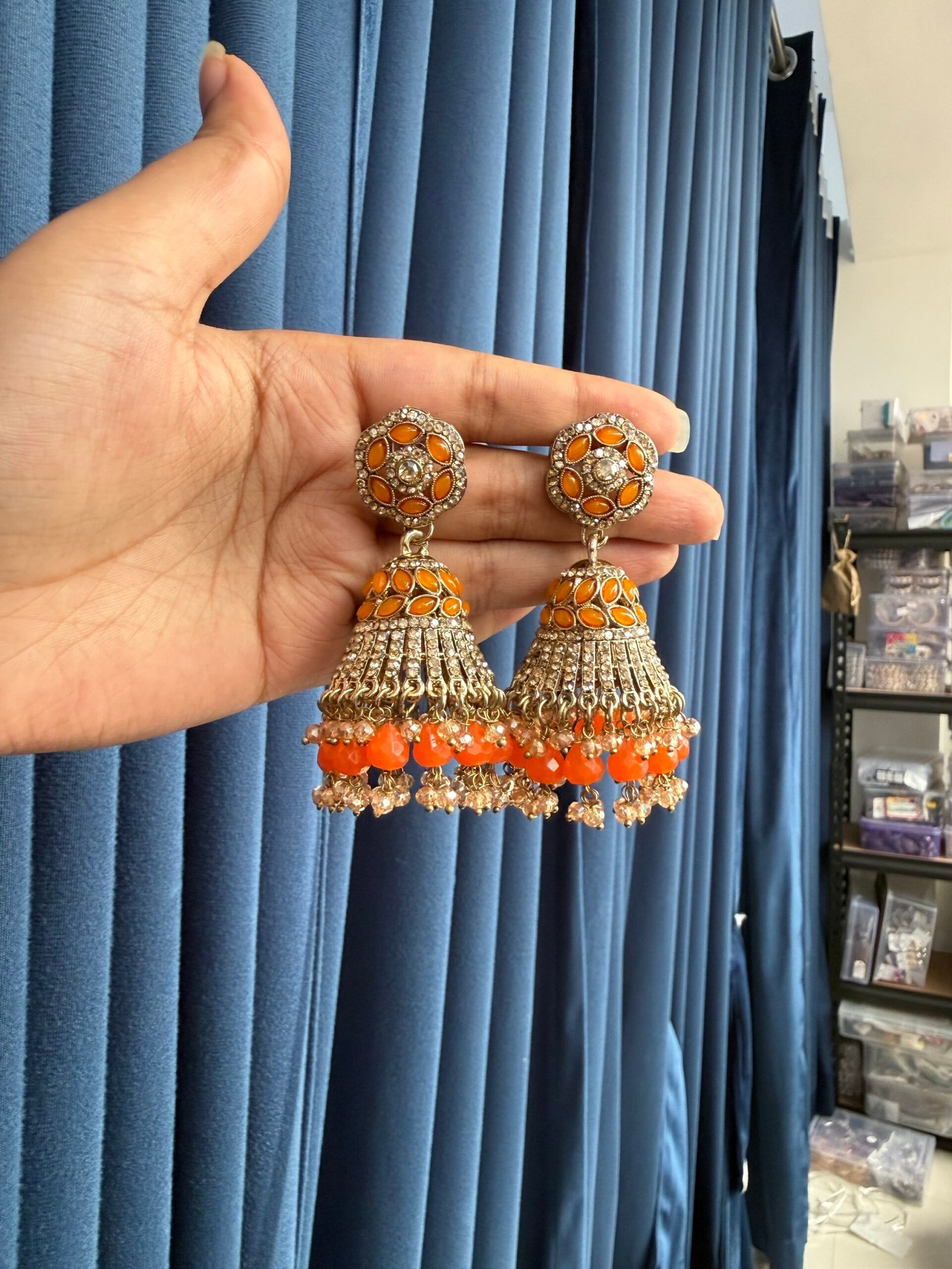 img_8878-scaled-1.jpeg Mukti Premium Kundan Jhumka – Orange - Image 1