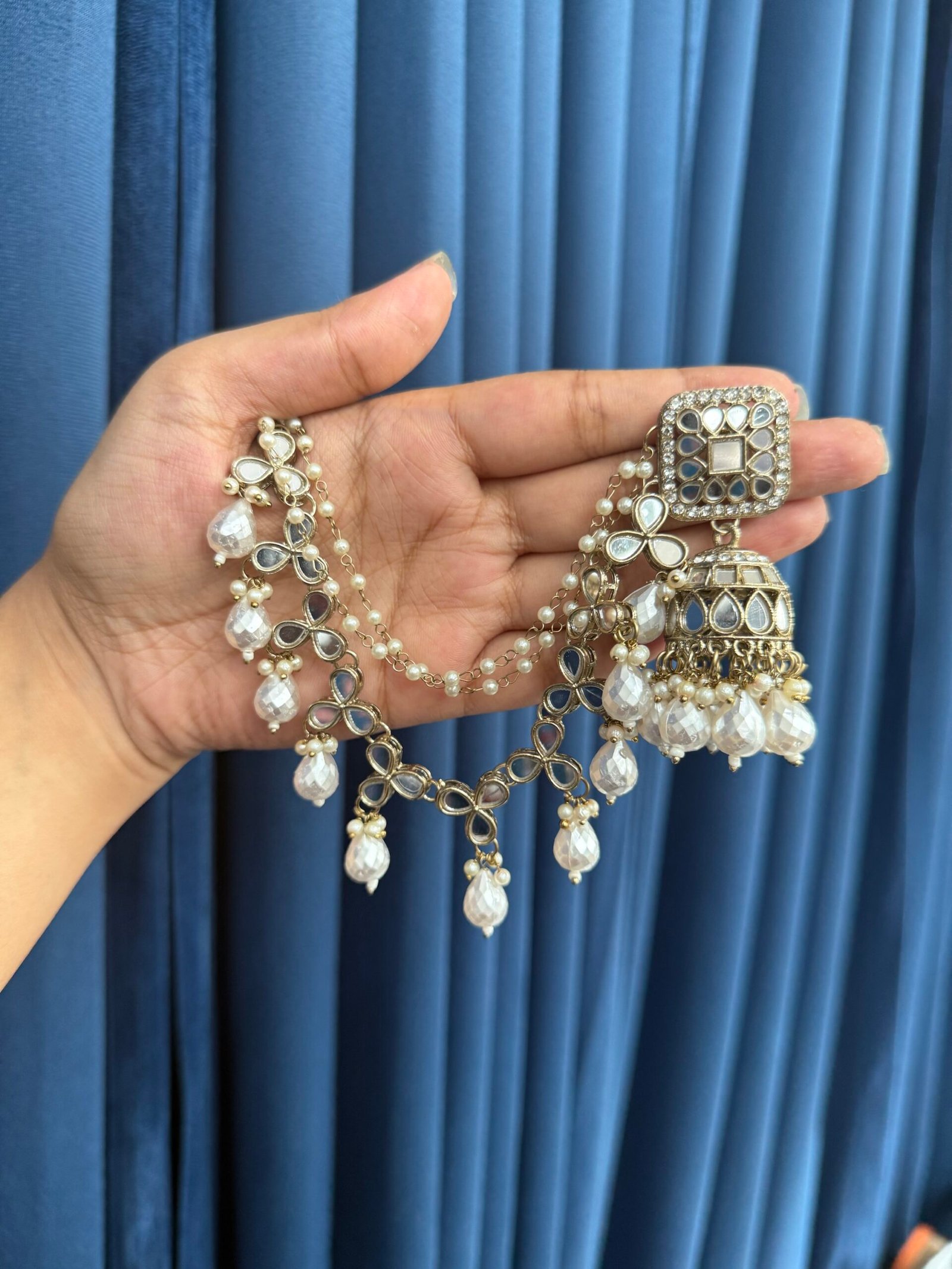 img_8918-scaled-1.jpeg Harshita Mirror Kundan Jhumka with Kaan chain - Image 1