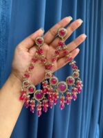 Noori Kundan Beaded Chandbali Earrings – Dark Pink - Image 2