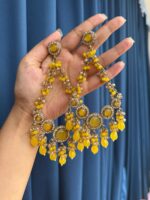 Noori Kundan Beaded Chandbali Earrings – Yellow - Image 2